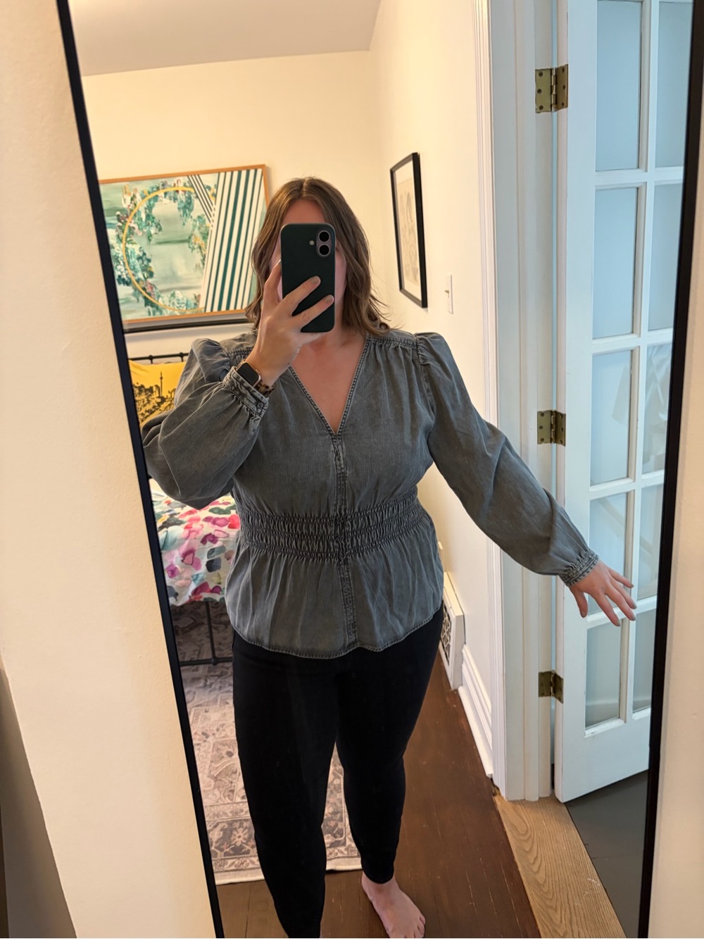 GAP Washed Grey Smocked-Waist Peasant Blouse